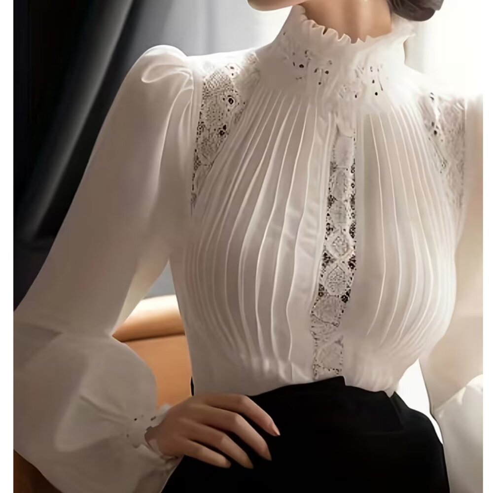 Top Victorian Style Long Puff Sleeve Stand-Up Collar Pleated Bodice Lace Insets - Picture 2 of 6
